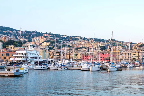 Naves Estacionadas Porto Antico Atardecer Génova Italia — Foto de Stock