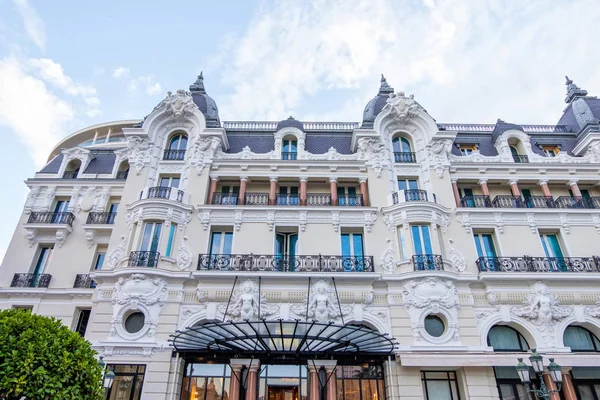 Hotel de Paris facade at sunset. View from bottom. Monte Carlo, Monaco