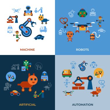 Dijital vektör makine otomasyonu ve yapay zeka robotlar basit simgeler koleksiyonu düz stil infographics ayarla