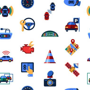 Dijital vektör ulaşım sistemi algılama destekli ve kablosuz iletişim ağ basit simgeler koleksiyonu düz stil infographics, seamless modeli ayarla