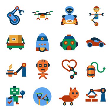 Dijital vektör makine otomasyonu ve yapay zeka robotlar basit simgeler koleksiyonu düz stil infographics ayarla