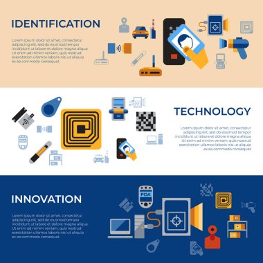 Dijital vektör RFID radyo frekans kimlik çipi basit simgeler koleksiyonu düz stil infographics ayarla