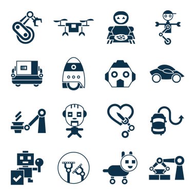 Dijital vektör makine otomasyonu ve yapay zeka robotlar basit simgeler koleksiyonu düz stil infographics ayarla