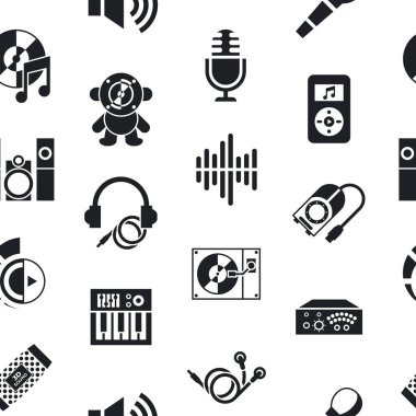 Dijital vektör studio ses müzik tasarım ve aletleri basit simgeler koleksiyonu düz stil infographics, seamless modeli ayarla