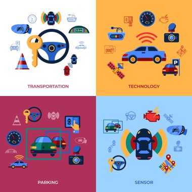 Digital vector assisted transportation and parking sensing system and wireless communication network simple icons set collection flat style infographics clipart