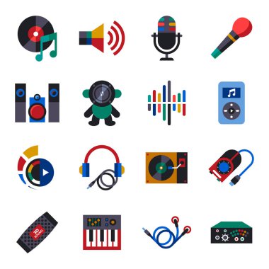 Dijital vektör studio ses müzik tasarım ve aletleri basit simgeler koleksiyonu düz stil infographics ayarla