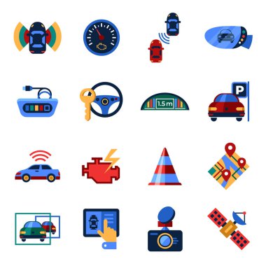 Ulaşım ve Park algılama sistemi dijital vektör destekli ve kablosuz iletişim ağ basit simgeler koleksiyonu düz stil infographics ayarla
