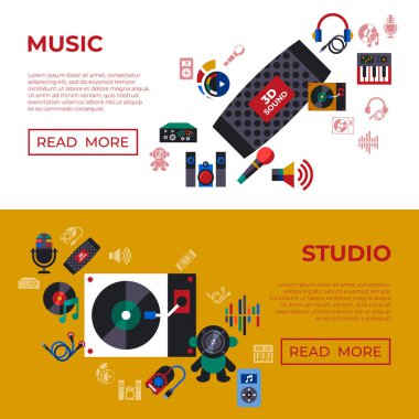 Dijital vektör studio ses müzik tasarım ve aletleri basit simgeler koleksiyonu düz stil infographics ayarla