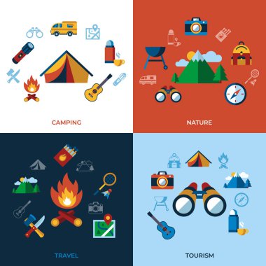 Spor faaliyetleri basit simgeler kamp dijital vektör yaz koleksiyonu düz stil infographics ayarla