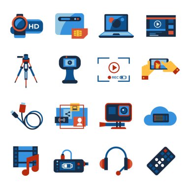 Digital vector video on demand online streaming technology simple icons set collection flat style infographics clipart