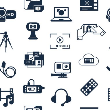 Dijital vektör talep teknoloji basit simgeler üzerinde video koleksiyonu düz stil infographics, seamless modeli ayarla