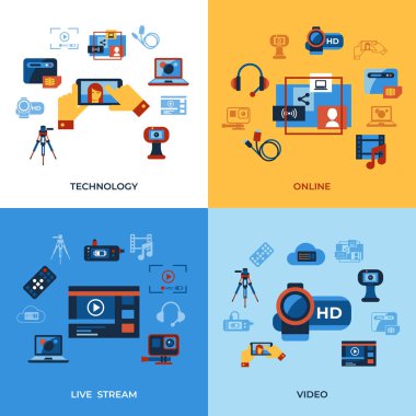 Dijital vektör video üstünde istek online akarsu teknoloji basit simgeler koleksiyonu düz stil infographics ayarla