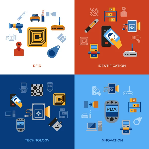 Digital vector rfid radio frequency identification chip simple icons set collection flat style infographics