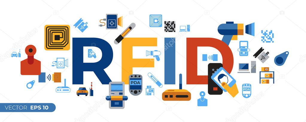 Digital vector rfid radio frequency identification chip simple icons set collection flat style infographics