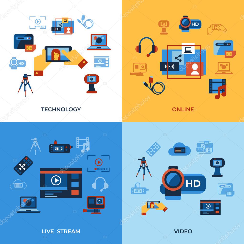 Digital vector video on demand online streaming technology simple icons set collection flat style infographics