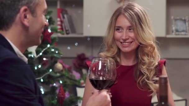 White Caucasian Young Couple Romantic Christmas Dinner Wine Red Dress — Stock Video