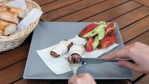 Woman Eating Georgian Kebab Food Baked Bread Restaurant — Stock Video