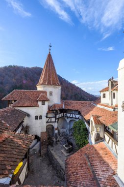 Bran Kalesi yaz bahçesinde. Mavi gökyüzü arka plan üzerinde. Romanya turistik yerler