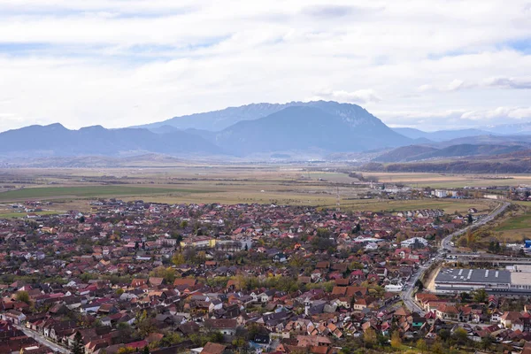 Rasnov Ville Automne Citadelle Vue Dessus Ciel Bleu Montagnes Arrière — Photo