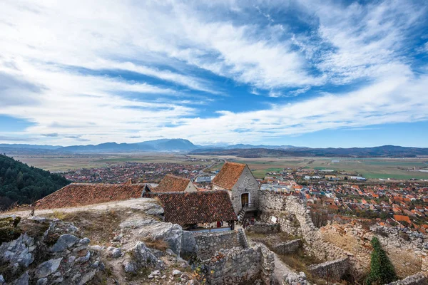 Rasnov Ciudad Otoño Desde Ciudadela Vista Superior Cielo Azul Montañas — Foto de Stock