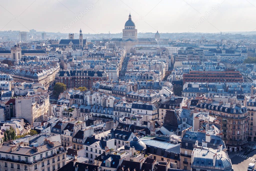 Wide aerial cityscape of Paris showing the Gothic Style of the postmodern architecture. Lots of blue accents in the picture with a nice exposure.