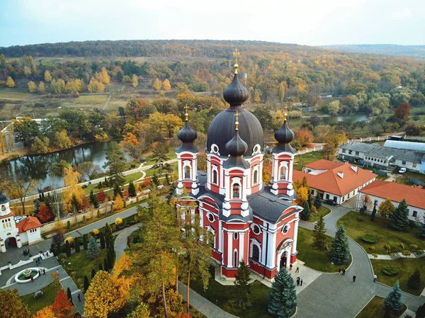 Aerial Shot Curchi Monastery Daylight Autumn Warm Colors Moldova Landmarks — Stock Photo, Image