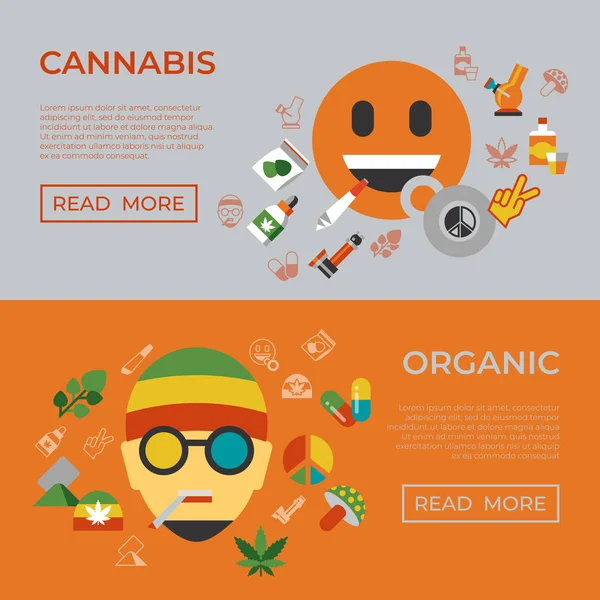 Digitala Vektor Cannabis Friska Medicin Ikoner Set Platt Stil Infographics — Stock vektor