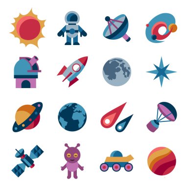 Dijital vektör uzayı galaxy ve evren Icons set, düz stil infographics