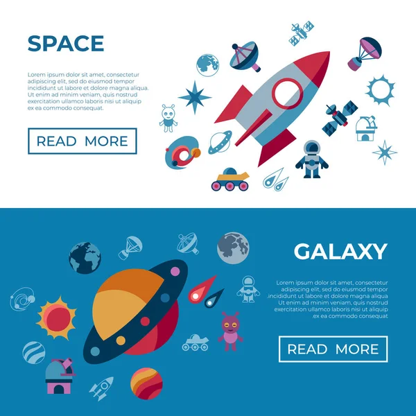 Dijital Vektör Uzayı Galaxy Evren Icons Set Düz Stil Infographics — Stok Vektör