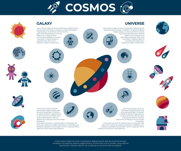 Dijital Vektör Uzayı Galaxy Evren Icons Set Düz Stil Infographics — Stok Vektör