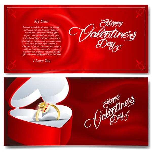 Digitale Vector Happy Valentijnsdag Realistische Rood Hart Gouden Ring Coupun — Stockvector