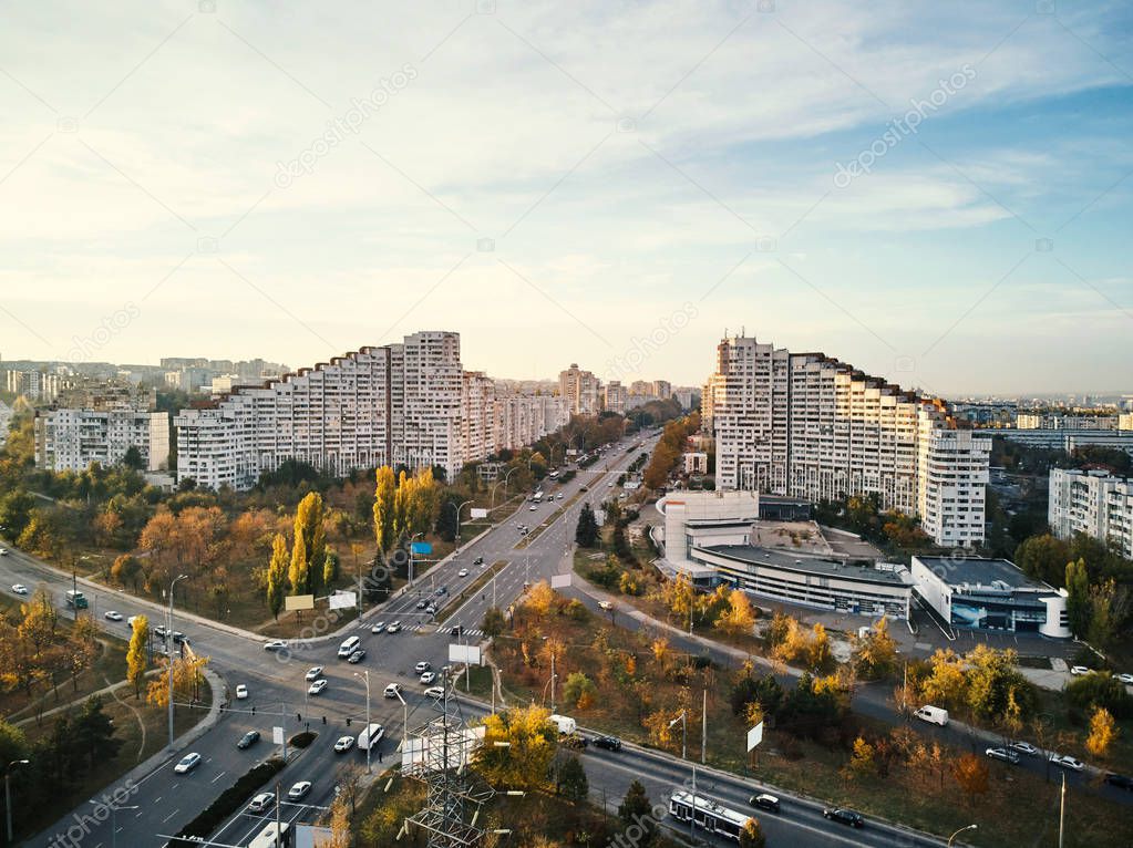 Aerial shot of Gates of the City at sunset. Blue sky with clouds. Chisinau, Moldova