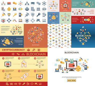 Blockchain paketi örnek cryptocurrency için öğeleri ile dijital vektör hat Icons set