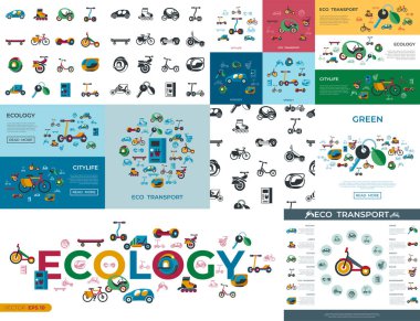 İnfographics dijital vektör eko yeşil ulaşım teknolojisi Icons set