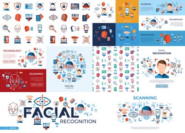 Çizilmiş basit çizgiyi sanat bilgi grafiği, düz stil ile dijital vektör yüz tanıma Icons set