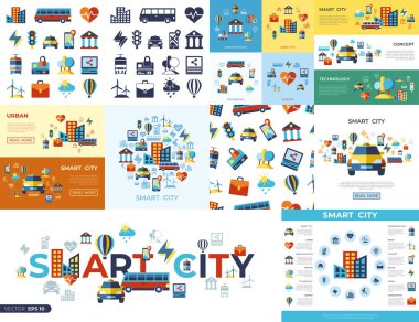 Çizilmiş basit çizgiyi sanat bilgi grafiği, düz stil ile dijital vektör akıllı şehir Icons set