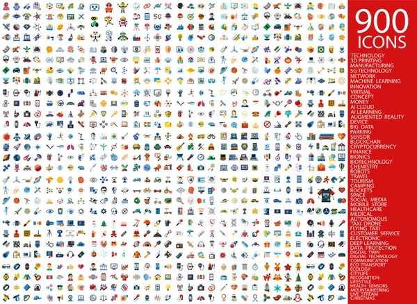 Dijital vektör 900 basit renkli simgeler koleksiyonu düz stil ayarla