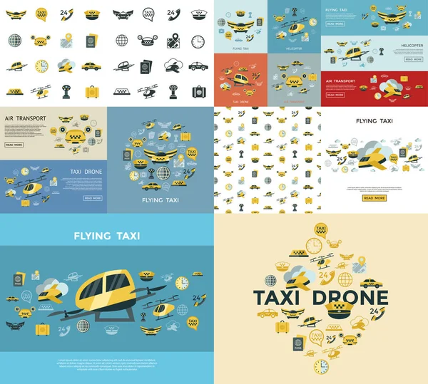 Digitaler Vektor Fliegendes Taxi Drohne Symbol Set Pack Illustration Einfache — Stockvektor