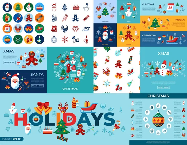 Digital Vector Merry Christmas Winter Holidays Simple Icons Set Collection — Stock Vector