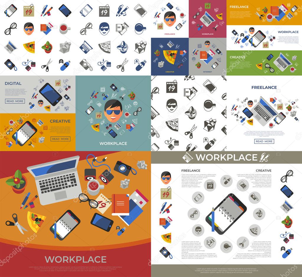 Digital vector freelance creative workplace icons set, flat style infographics