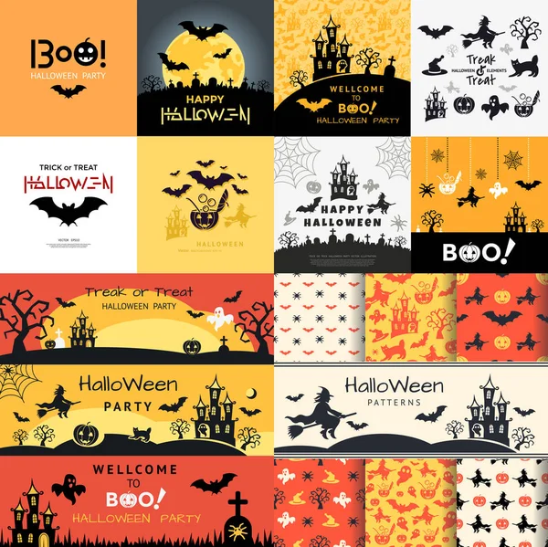 Digital Vector Amarillo Negro Feliz Halloween Iconos Con Dibujado Simple — Vector de stock