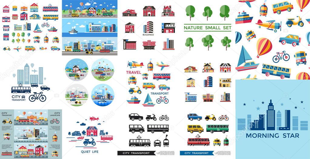 Digital vector blue red yellow city transport icons set with drawn simple line art info graphic, presentation with car, tram and taxi elements around promo template, flat style