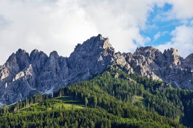 Sıcak mevsimde Dolomite Dağları. Yeşil orman ön planda. İtalya güzelleri