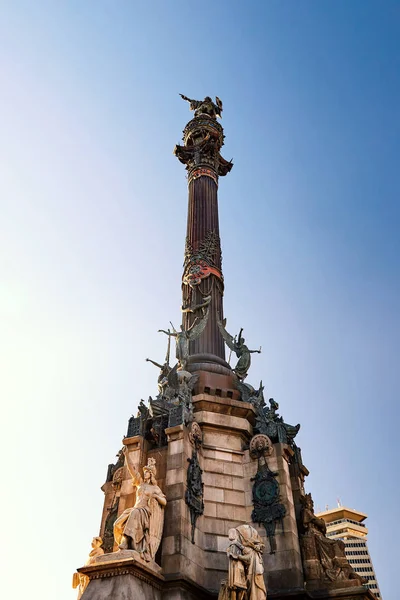 Columbus Monument Při Západu Slunce Jasná Obloha Pozadí Barcelona Španělsko — Stock fotografie