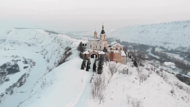 Aerial Drone View Church Orheiul Vechi Snow Butuceni Village — Stock Video