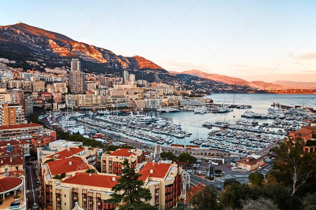 Monaco city and port at sunset. Wide shot