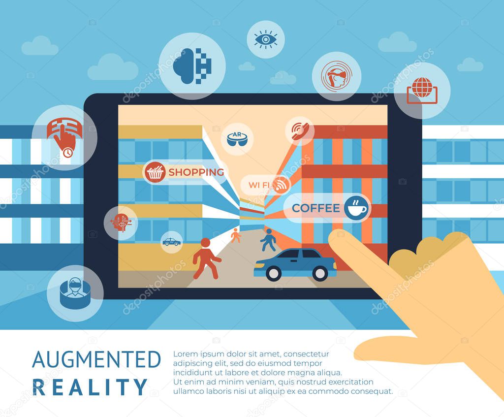 Augmented reality technology icons infographics collection, digital vector advert