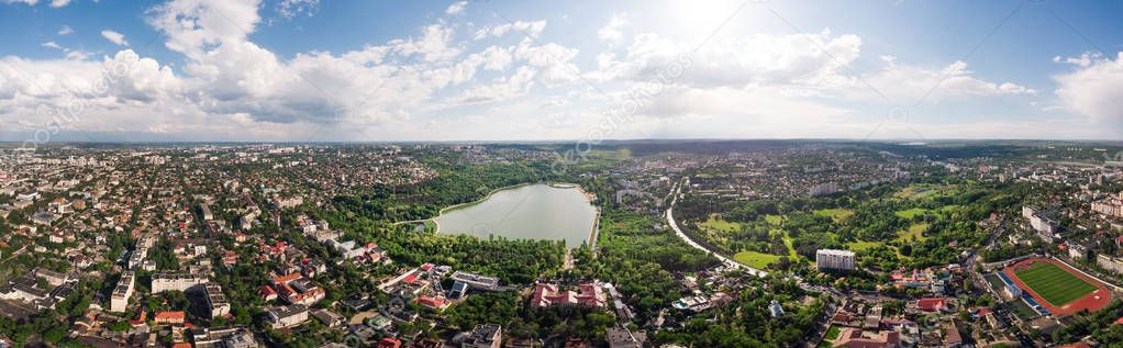 Aerial panoramic shot of Chisinau city with Valea Morilor park