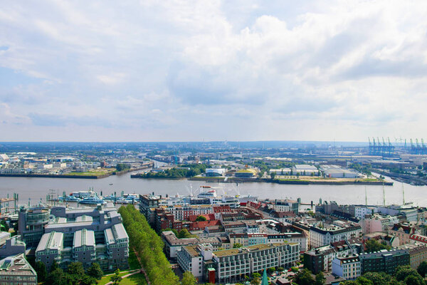 Cityscape of Hamburg from the famous tower Michaelis with view to the city , Germany