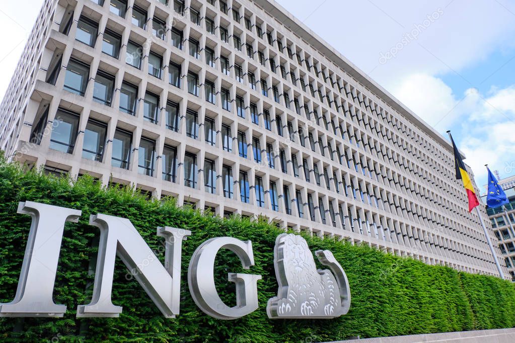 BRUSSELS, BELGIUM - JUNE 22, 2019: ING Group dutch Bank building. Wide angle shot